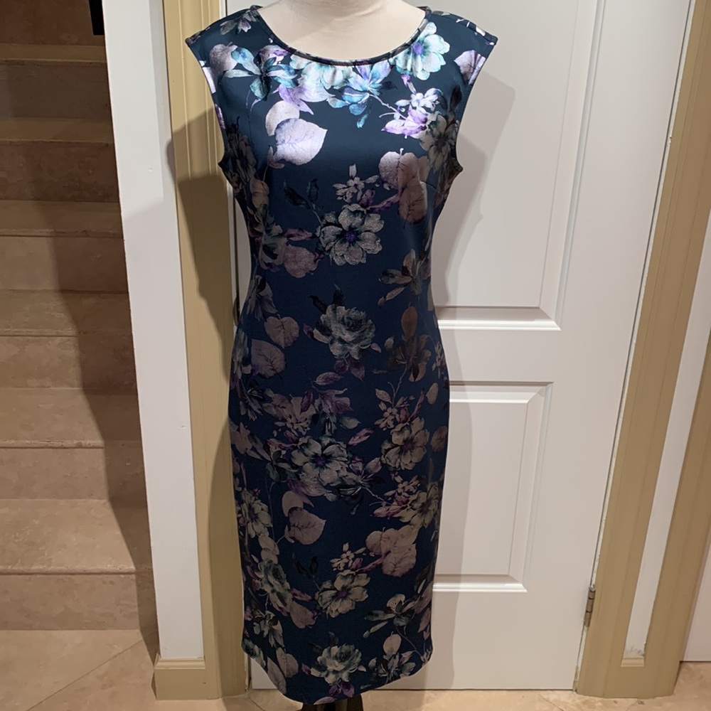 NEW YORK & CO.Metallic floral teal dress w/ metallic flowers. Midi, Size S. - Picture 7 of 13